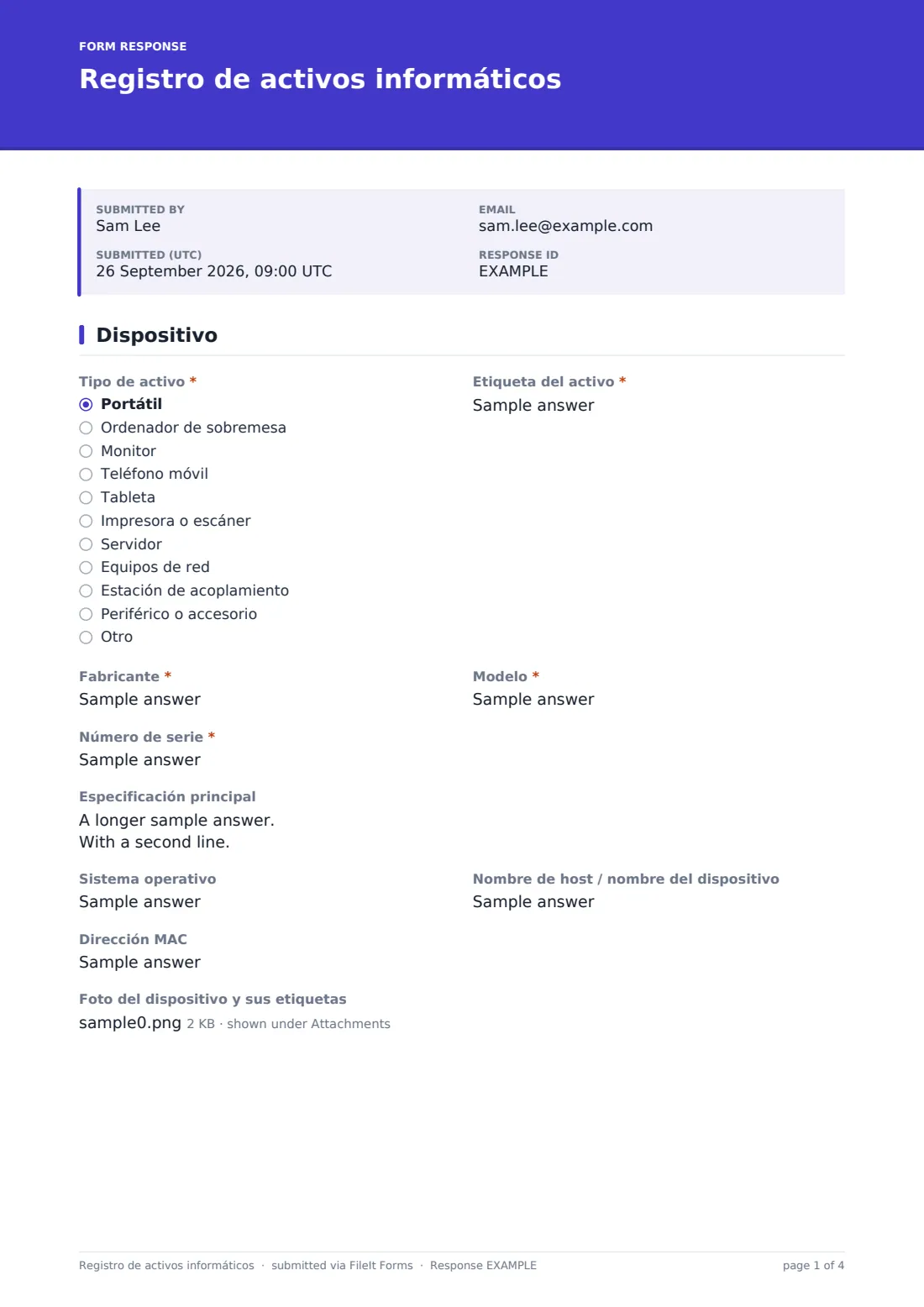 Registro de activos informáticos — PDF de respuesta de ejemplo, página 1 de 4
