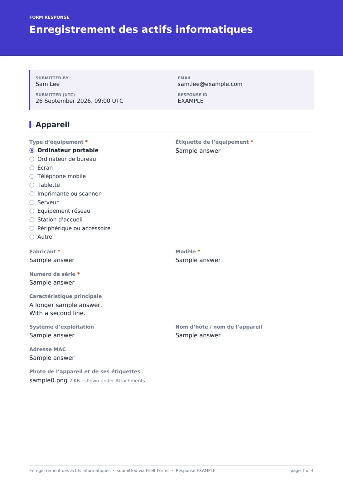 Enregistrement des actifs informatiques — exemple de réponse au format PDF, page 1 sur 4