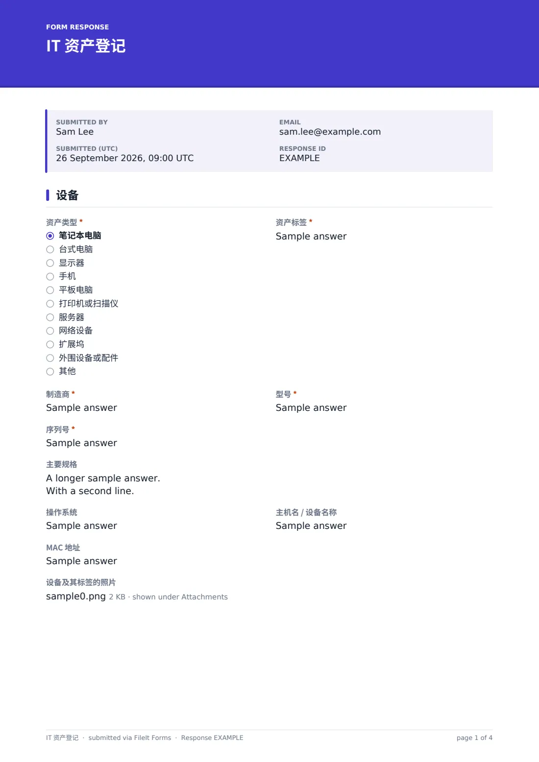 IT 资产登记 — 示例回复 PDF，第 1 页，共 4 页