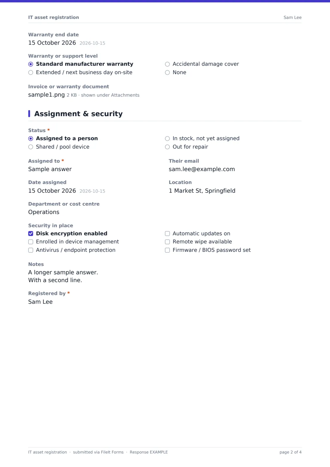 IT asset registration — example response PDF, page 2 of 4