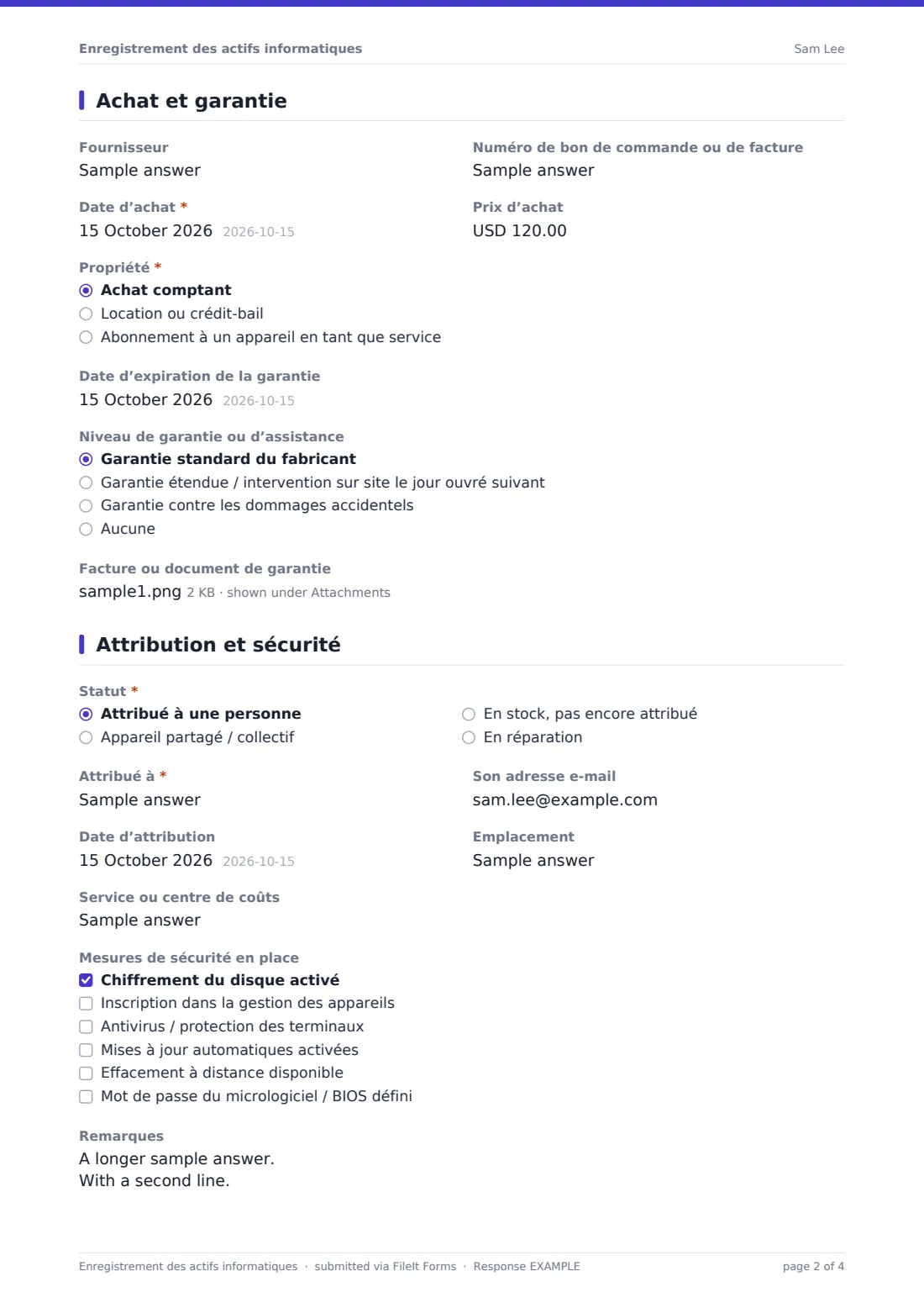 Enregistrement des actifs informatiques — exemple de réponse au format PDF, page 2 sur 4