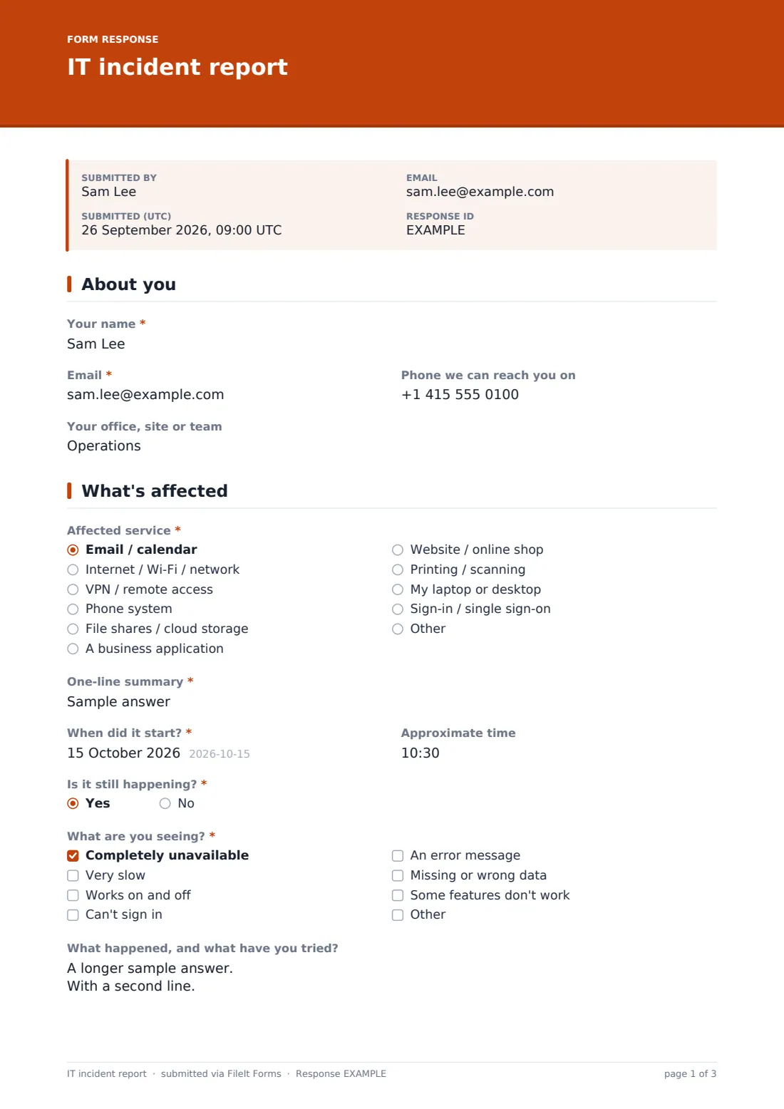 IT incident report — example response PDF, page 1 of 3