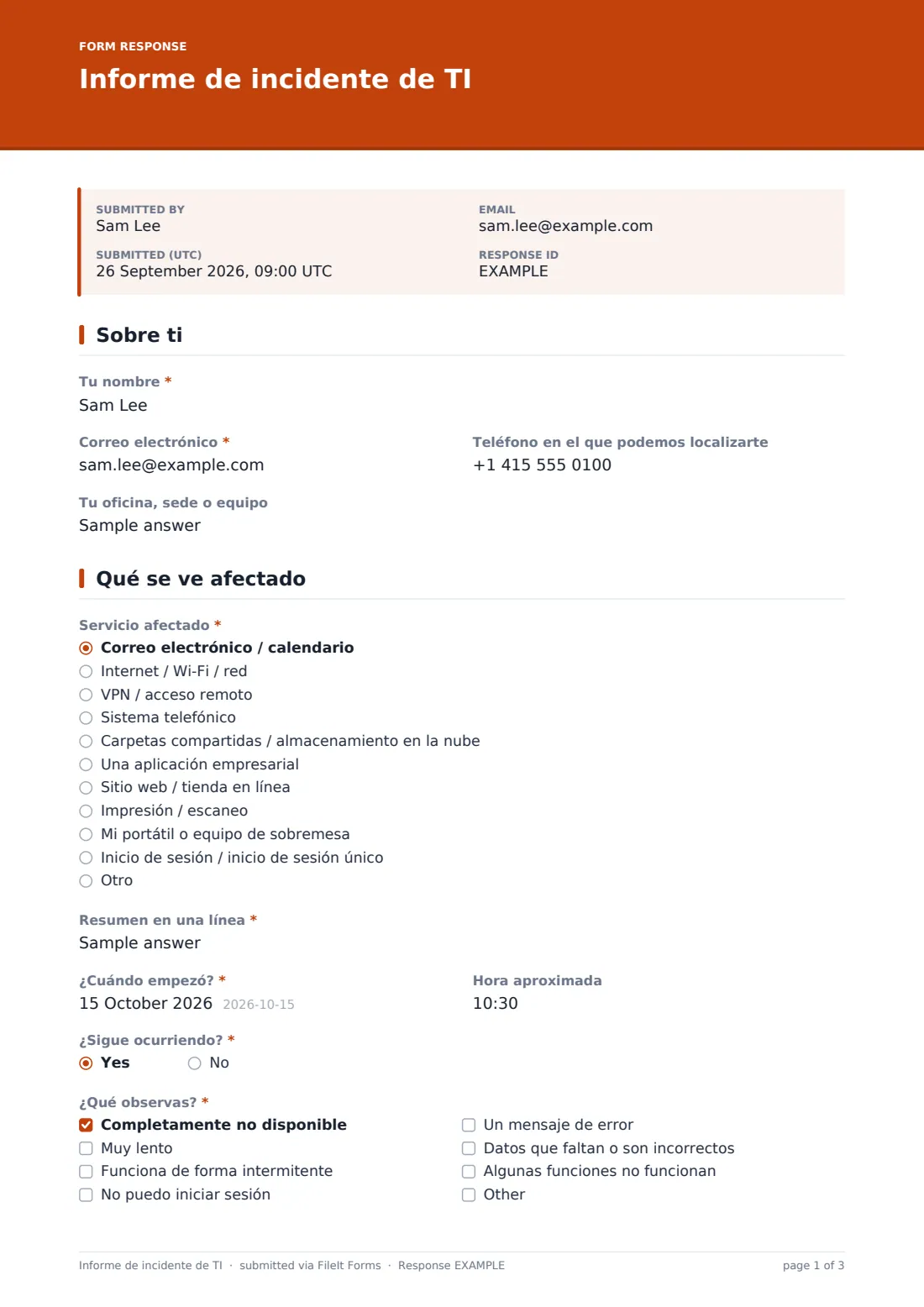 Informe de incidente de TI — PDF de respuesta de ejemplo, página 1 de 3