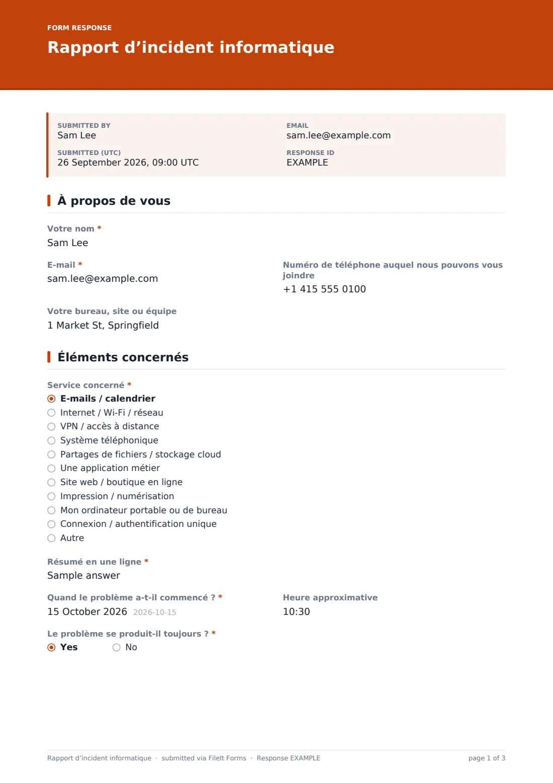 Rapport d’incident informatique — exemple de réponse au format PDF, page 1 sur 3