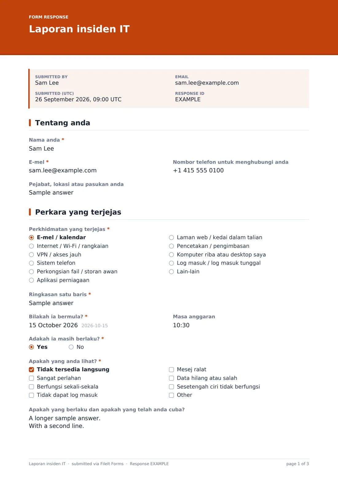Laporan insiden IT — PDF respons contoh, halaman 1 daripada 3