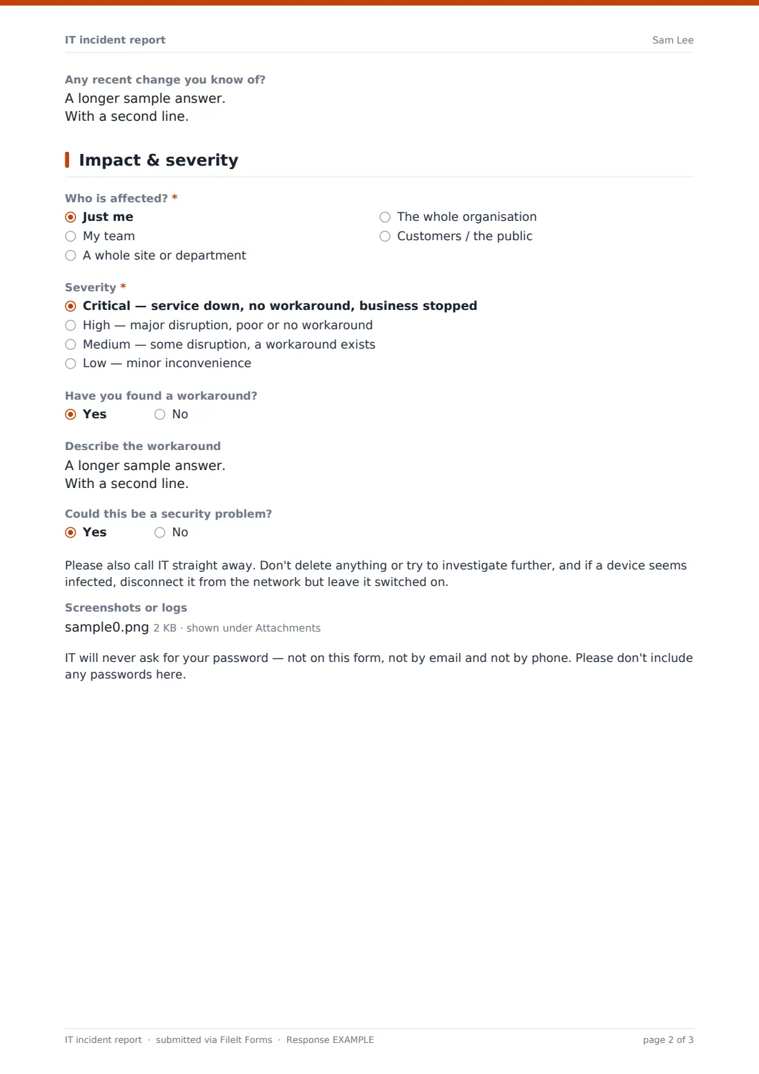IT incident report — example response PDF, page 2 of 3