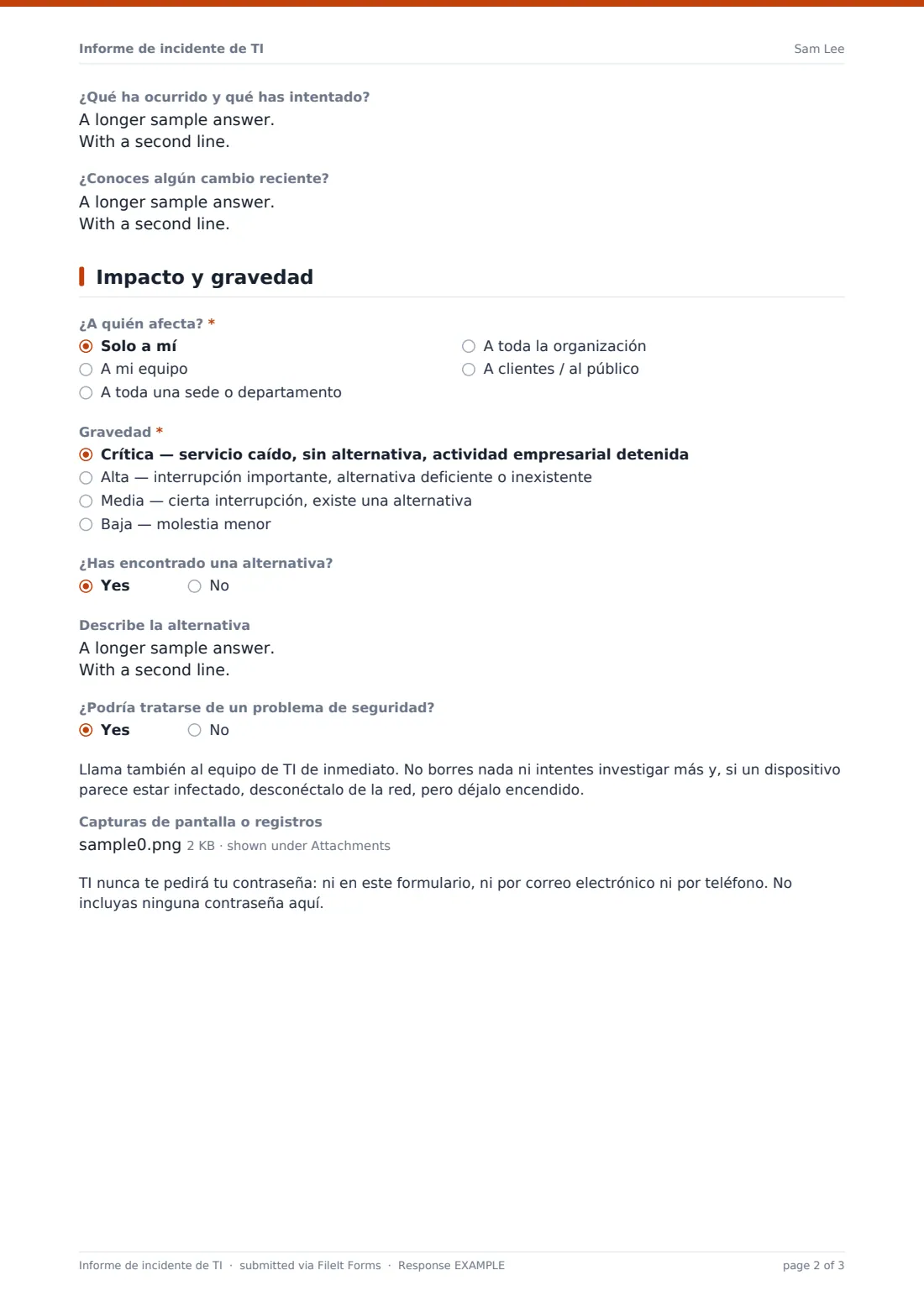 Informe de incidente de TI — PDF de respuesta de ejemplo, página 2 de 3