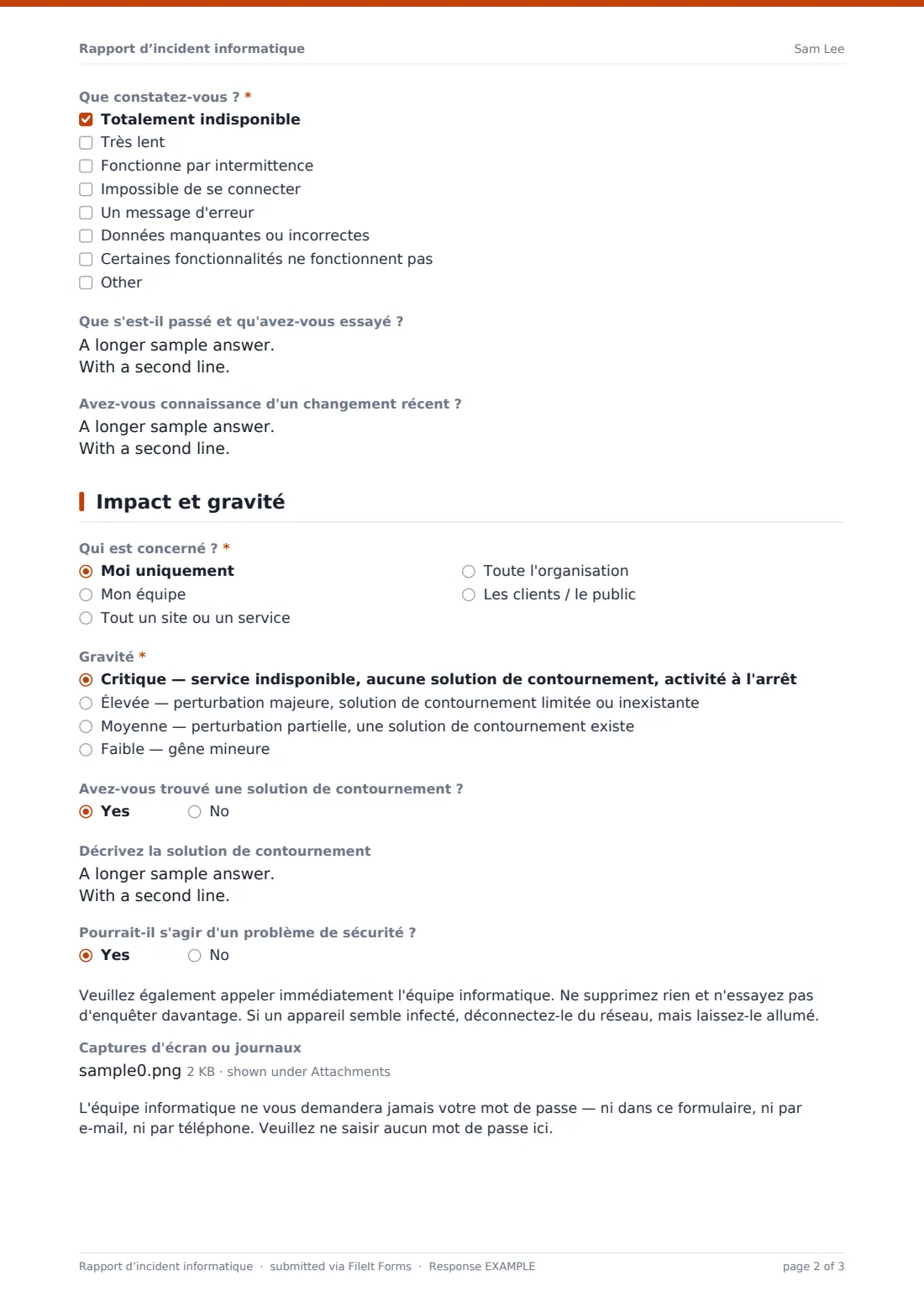Rapport d’incident informatique — exemple de réponse au format PDF, page 2 sur 3