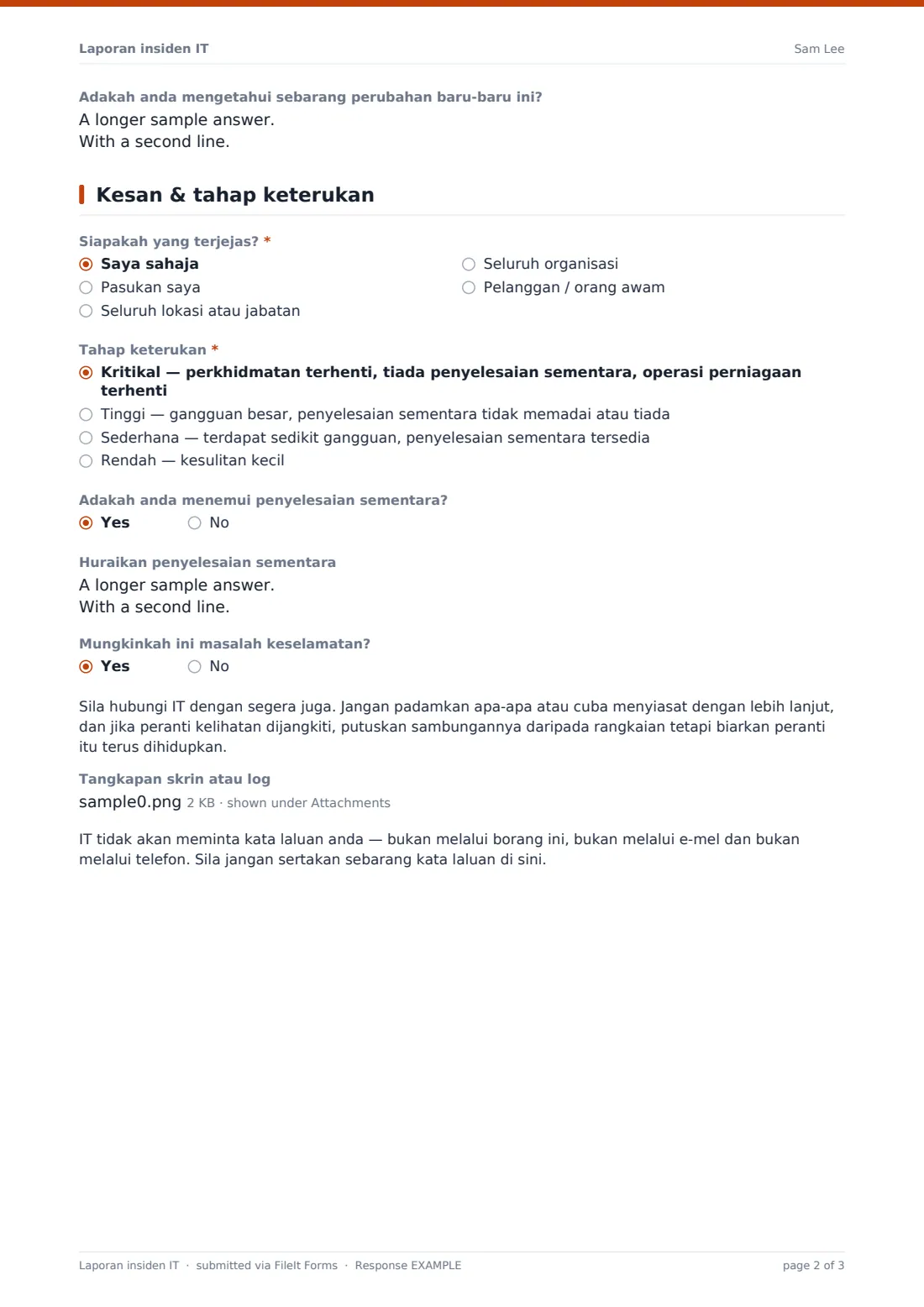 Laporan insiden IT — PDF respons contoh, halaman 2 daripada 3