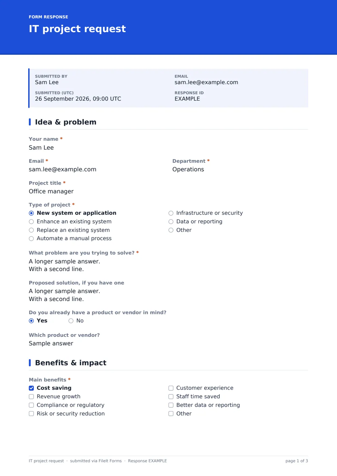 IT project request — example response PDF, page 1 of 3