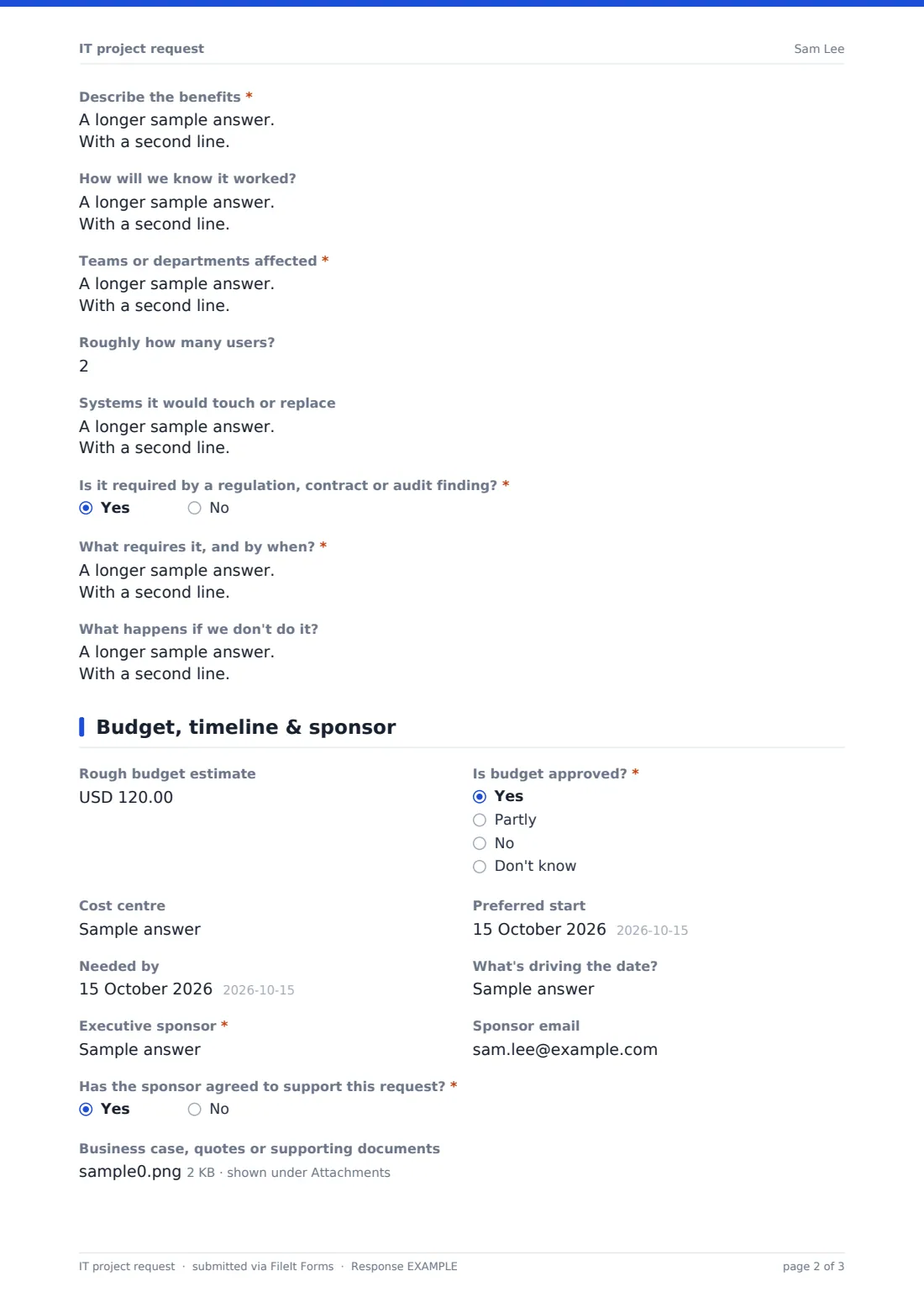 IT project request — example response PDF, page 2 of 3