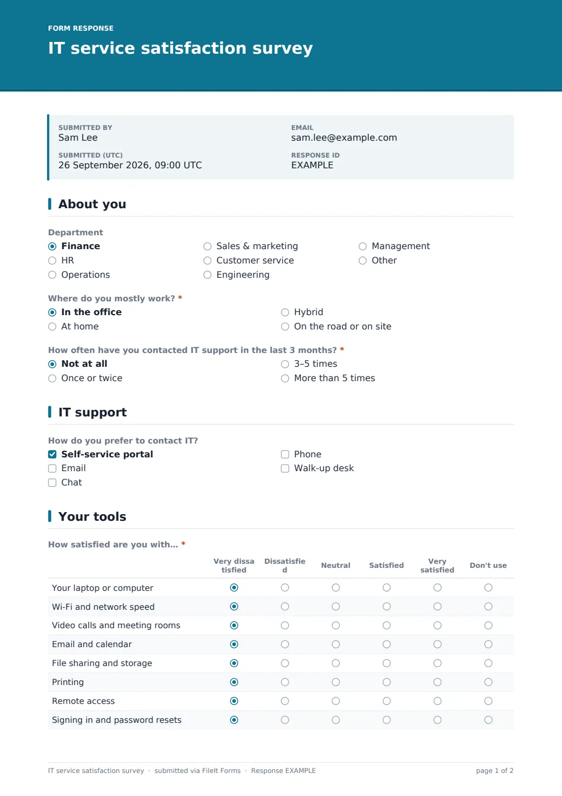 IT service satisfaction survey — example response PDF, page 1 of 2