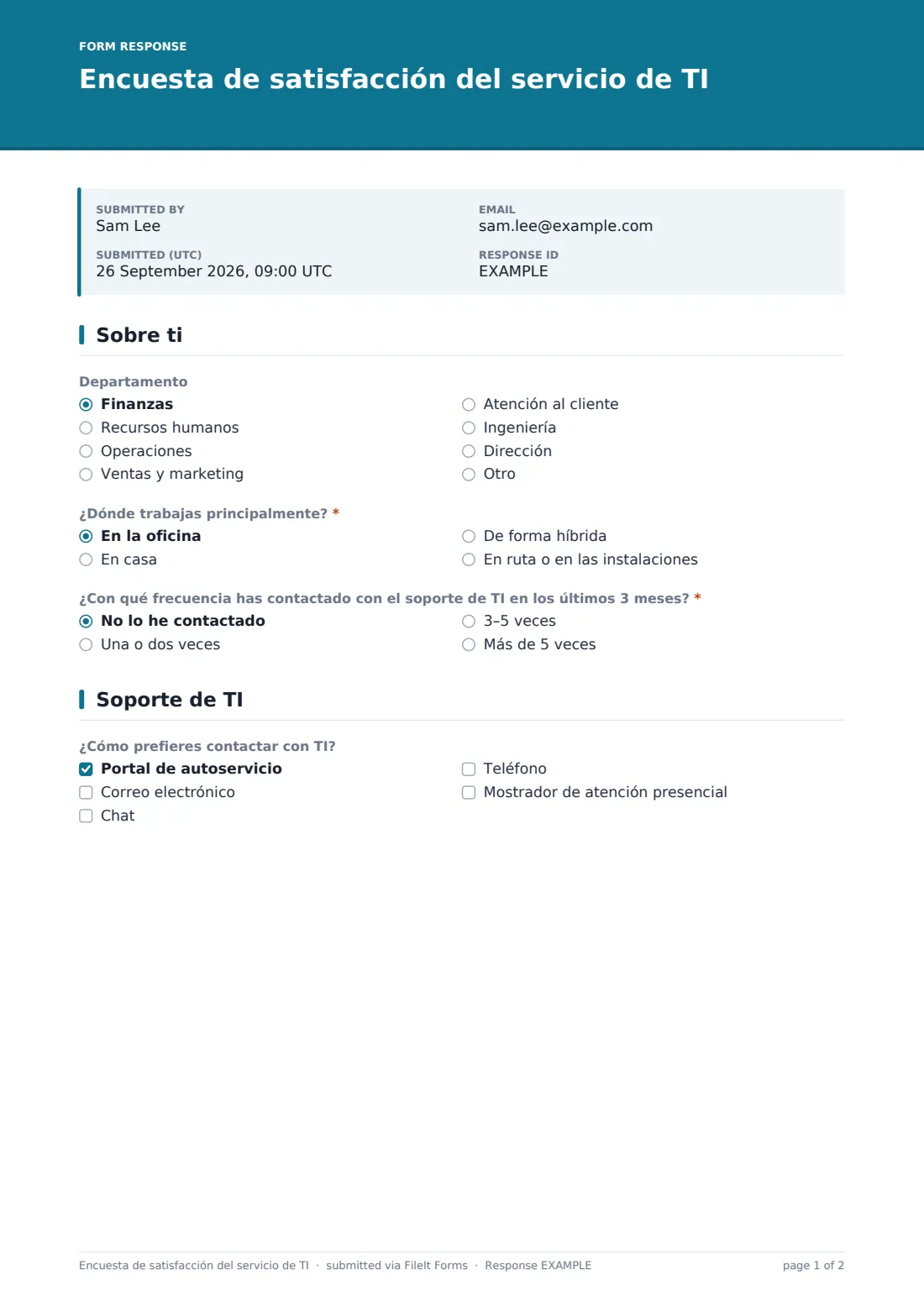 Encuesta de satisfacción del servicio de TI — PDF de respuesta de ejemplo, página 1 de 2