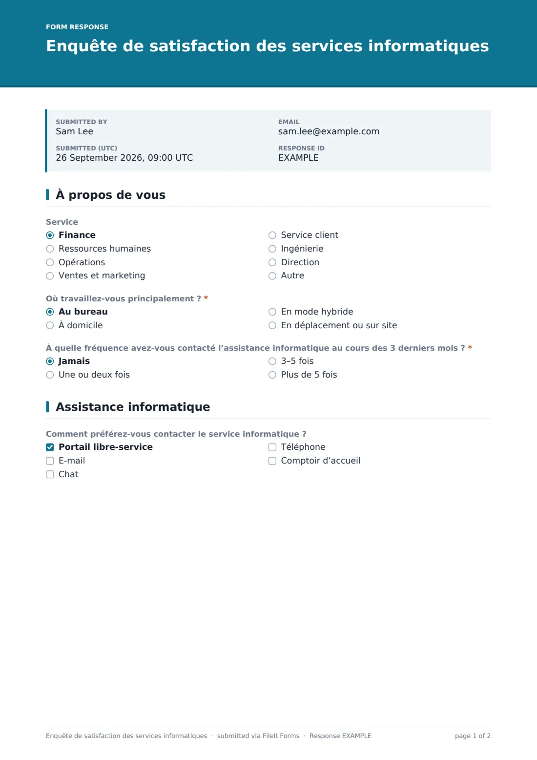 Enquête de satisfaction des services informatiques — exemple de réponse au format PDF, page 1 sur 2