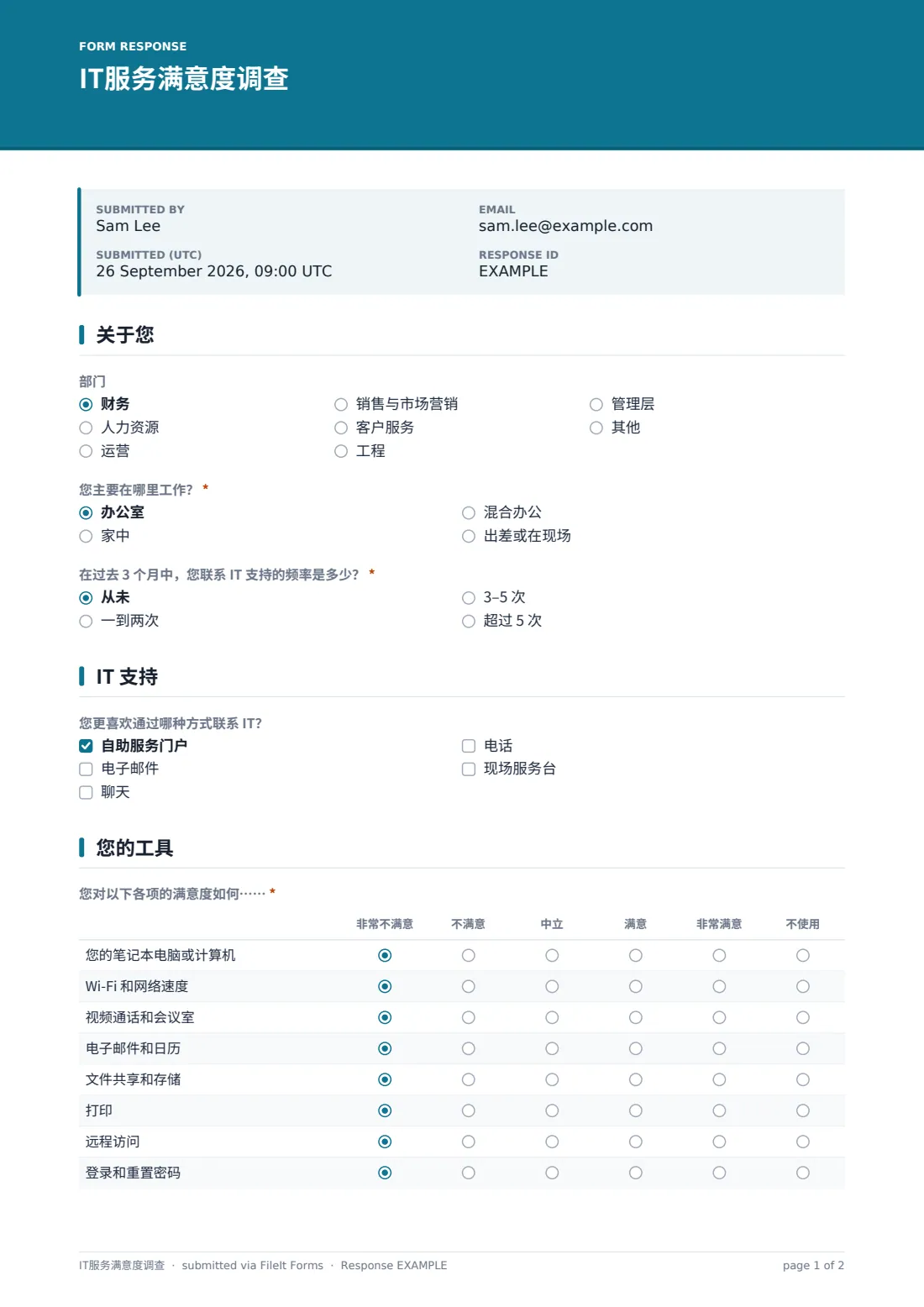 IT服务满意度调查 — 示例回复 PDF，第 1 页，共 2 页