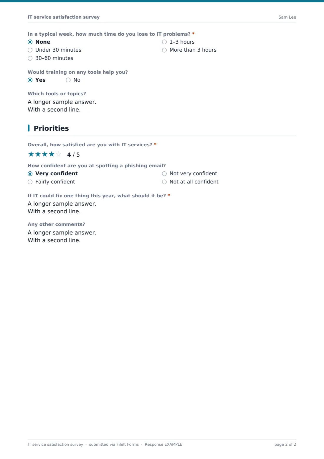 IT service satisfaction survey — example response PDF, page 2 of 2