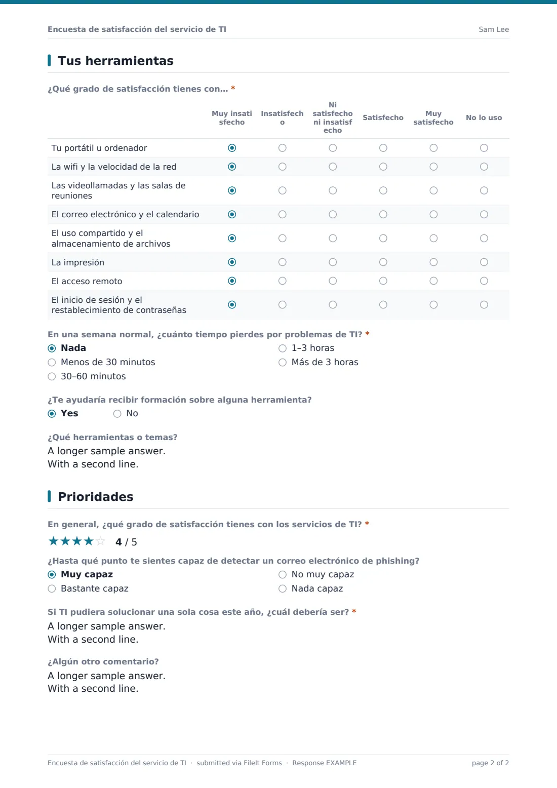 Encuesta de satisfacción del servicio de TI — PDF de respuesta de ejemplo, página 2 de 2