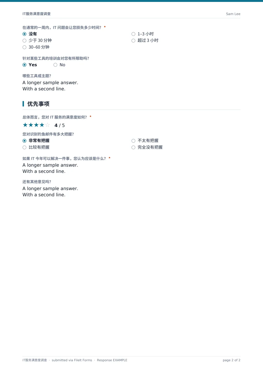 IT服务满意度调查 — 示例回复 PDF，第 2 页，共 2 页