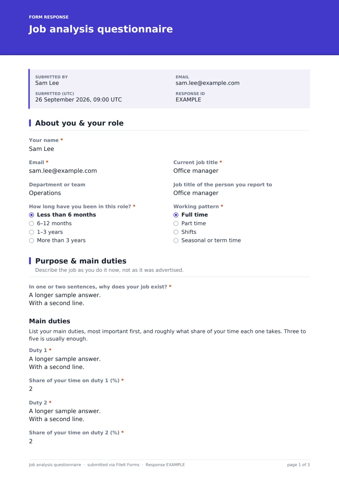 Job analysis questionnaire — example response PDF, page 1 of 3