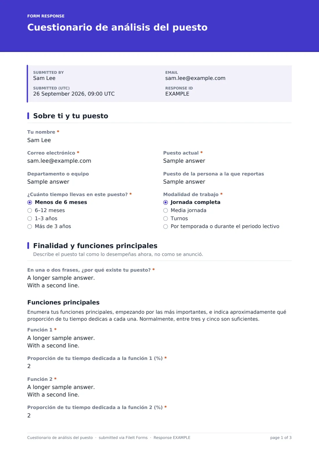 Cuestionario de análisis del puesto — PDF de respuesta de ejemplo, página 1 de 3