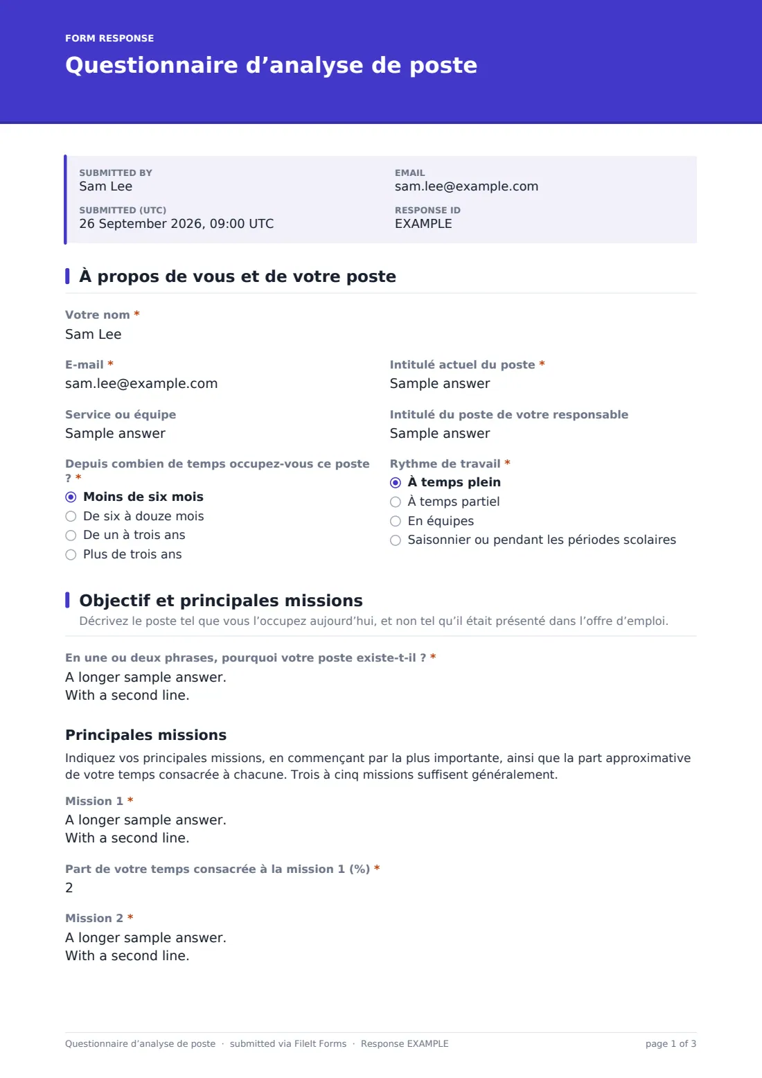 Questionnaire d’analyse de poste — exemple de réponse au format PDF, page 1 sur 3