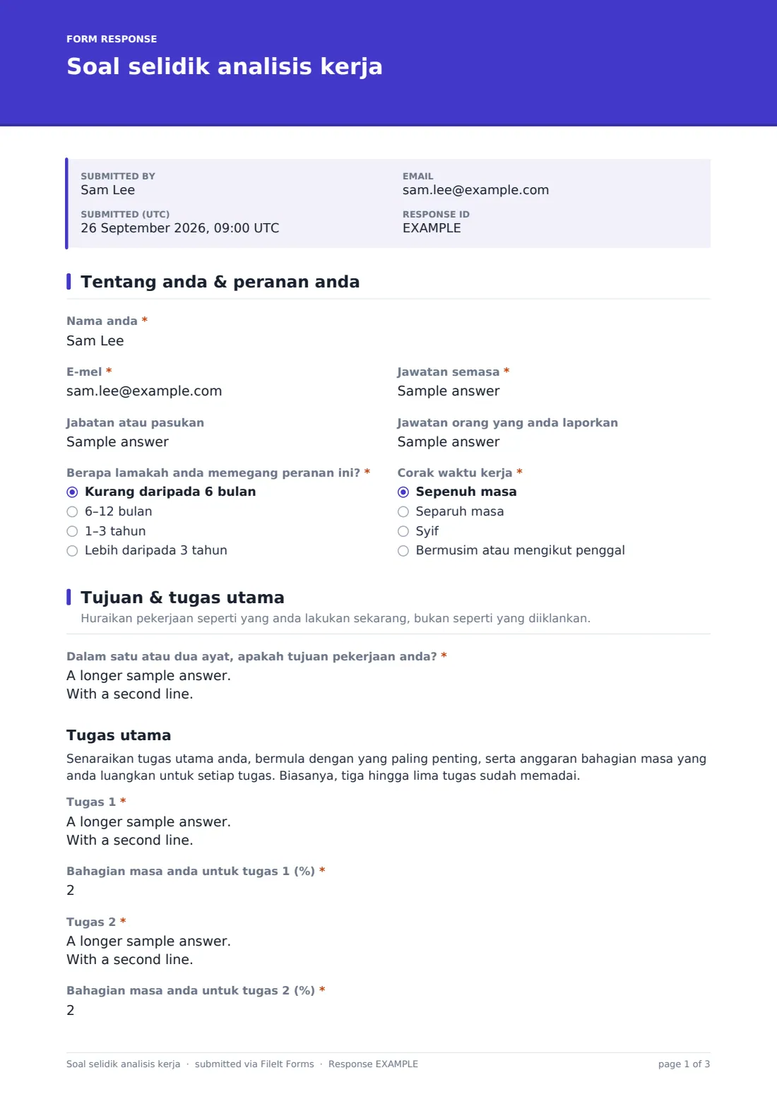 Soal selidik analisis kerja — PDF respons contoh, halaman 1 daripada 3