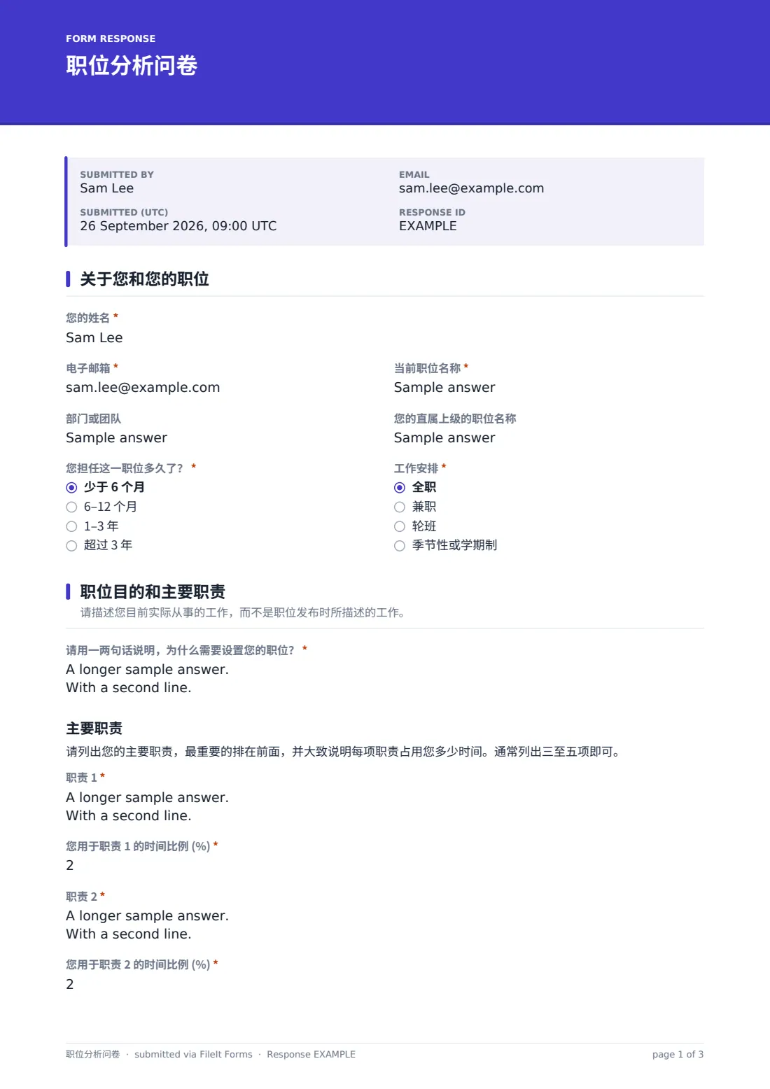 职位分析问卷 — 示例回复 PDF，第 1 页，共 3 页