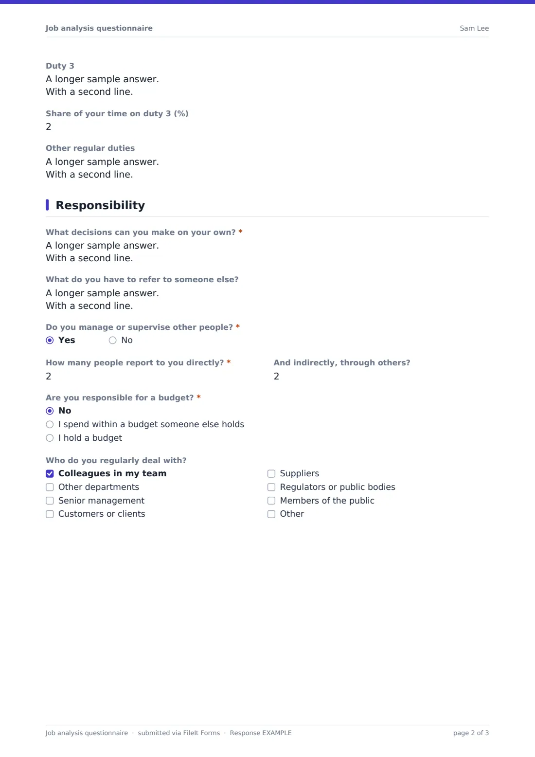 Job analysis questionnaire — example response PDF, page 2 of 3