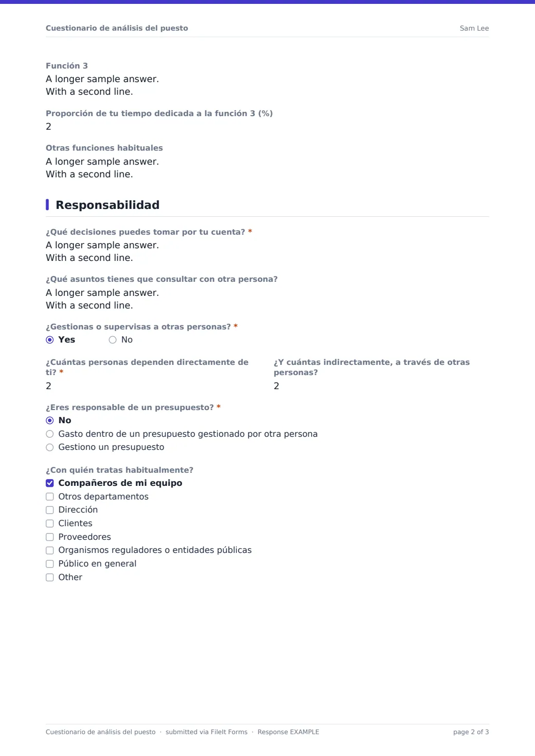 Cuestionario de análisis del puesto — PDF de respuesta de ejemplo, página 2 de 3