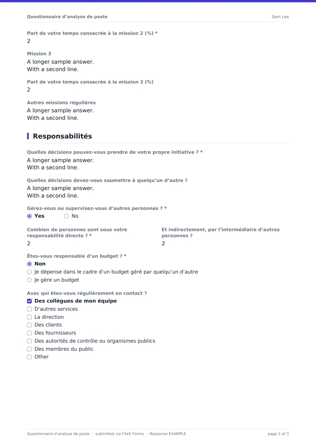 Questionnaire d’analyse de poste — exemple de réponse au format PDF, page 2 sur 3