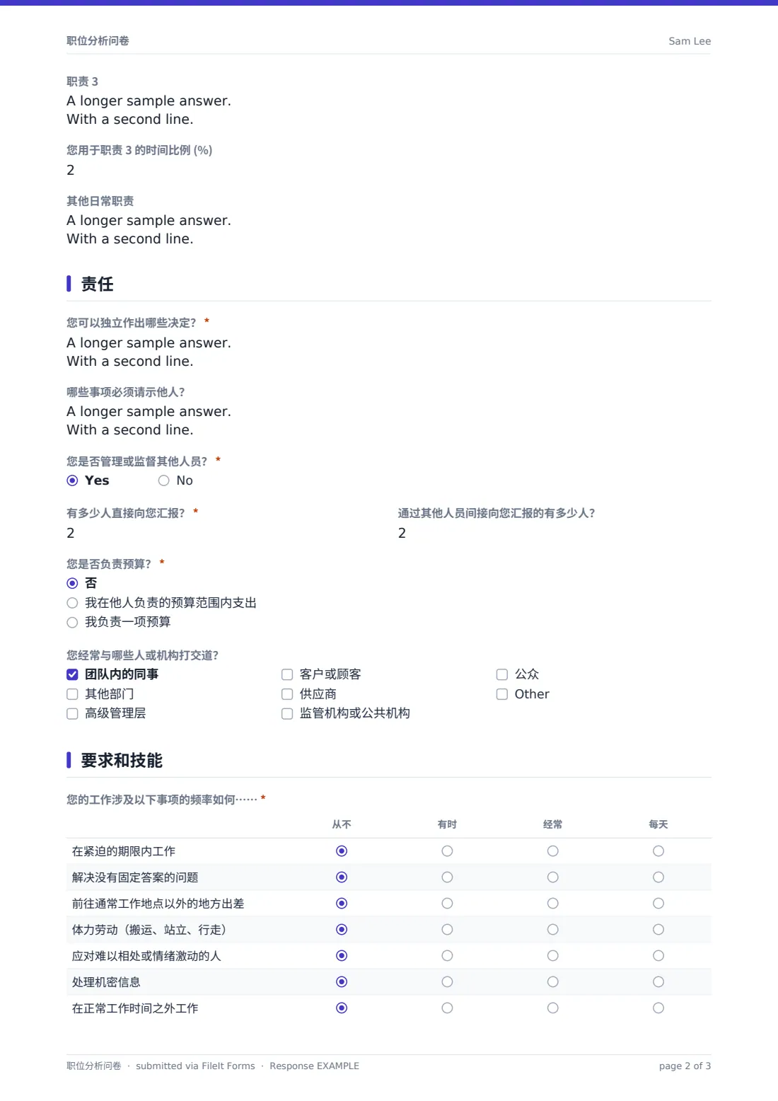 职位分析问卷 — 示例回复 PDF，第 2 页，共 3 页