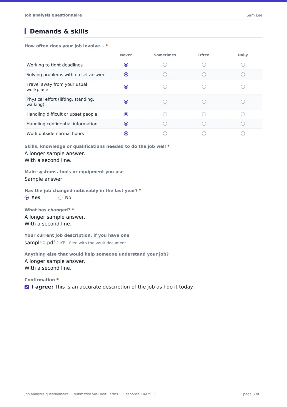 Job analysis questionnaire — example response PDF, page 3 of 3