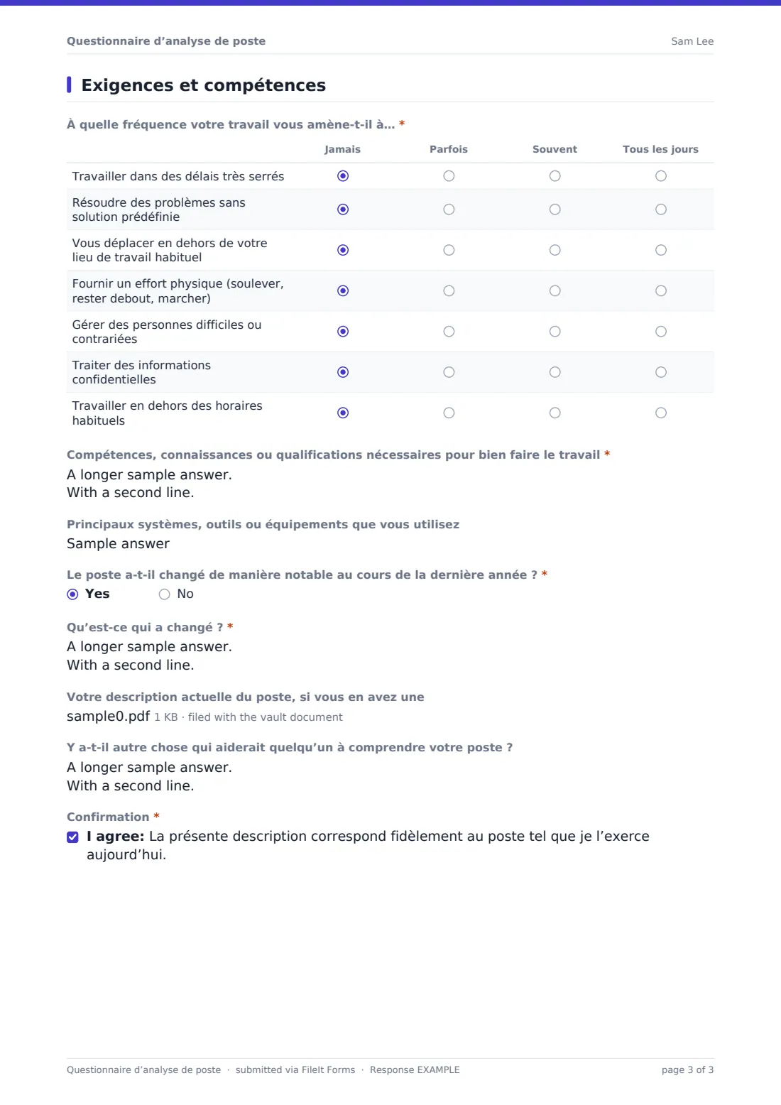 Questionnaire d’analyse de poste — exemple de réponse au format PDF, page 3 sur 3
