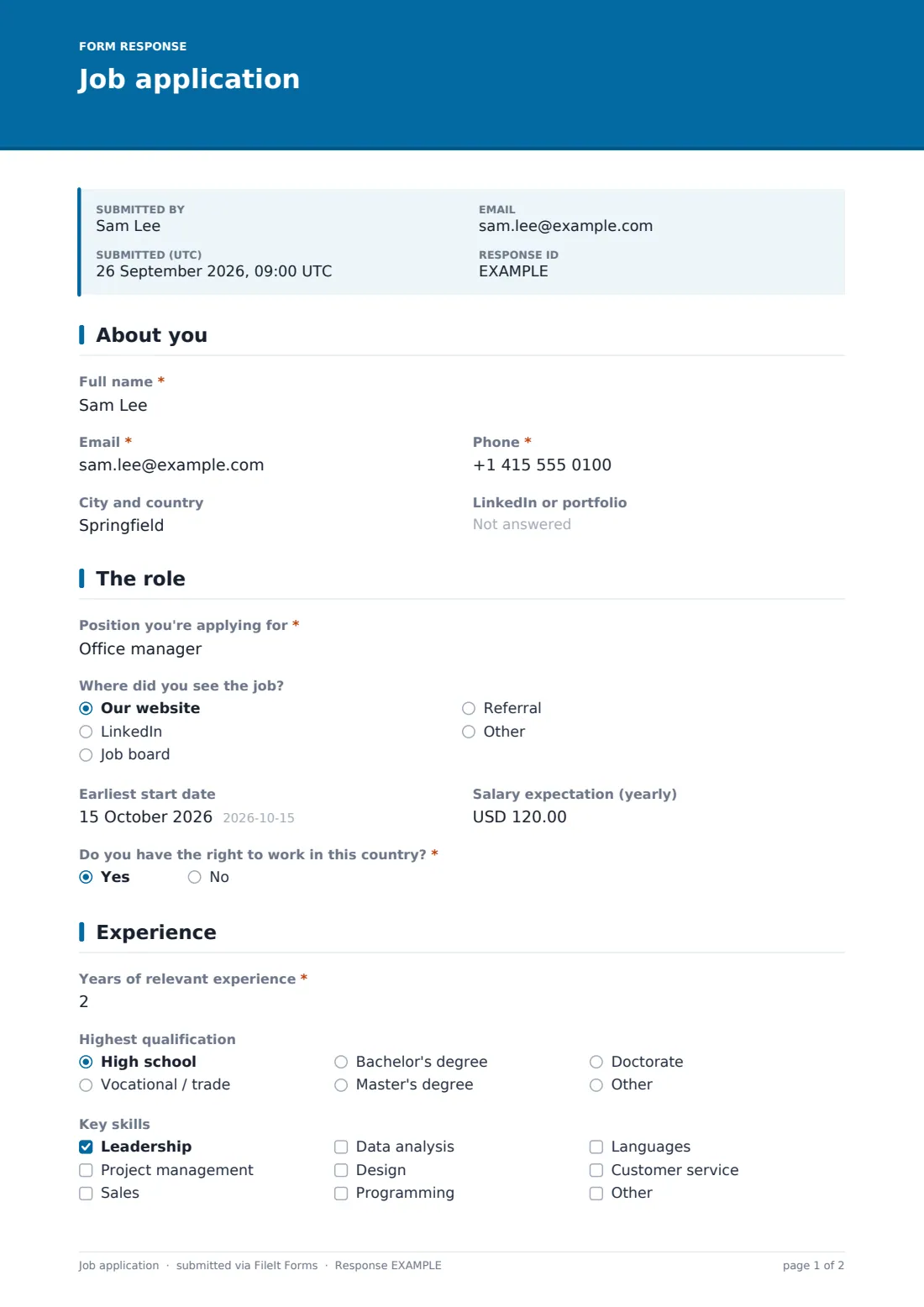 Job application — example response PDF, page 1 of 2