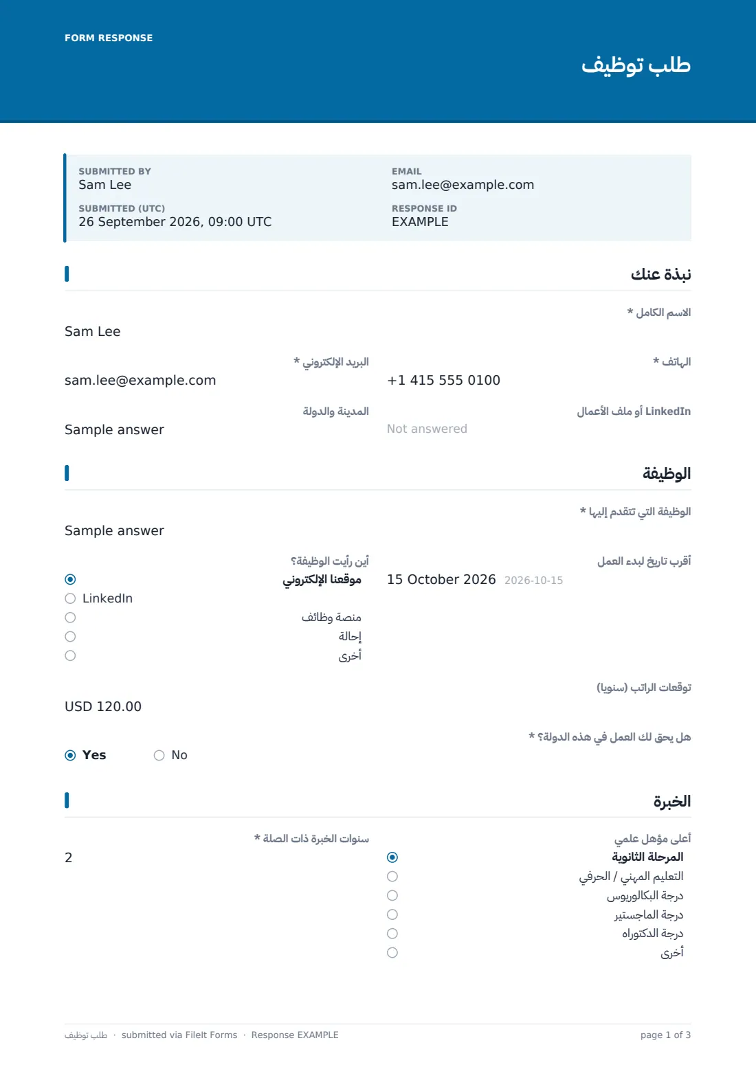 طلب توظيف — ملف PDF لرد نموذجي، الصفحة 1 من 3