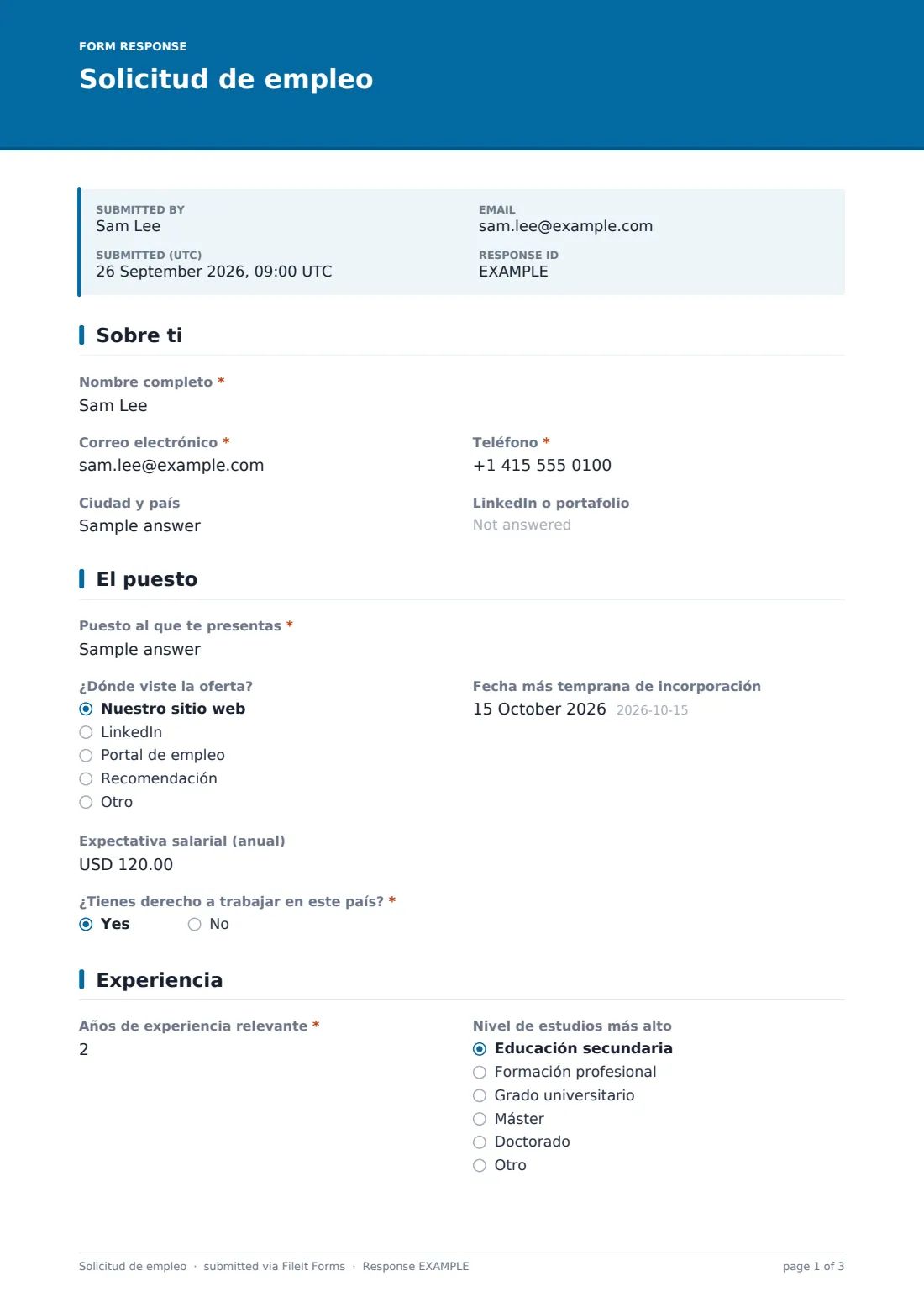 Solicitud de empleo — PDF de respuesta de ejemplo, página 1 de 3
