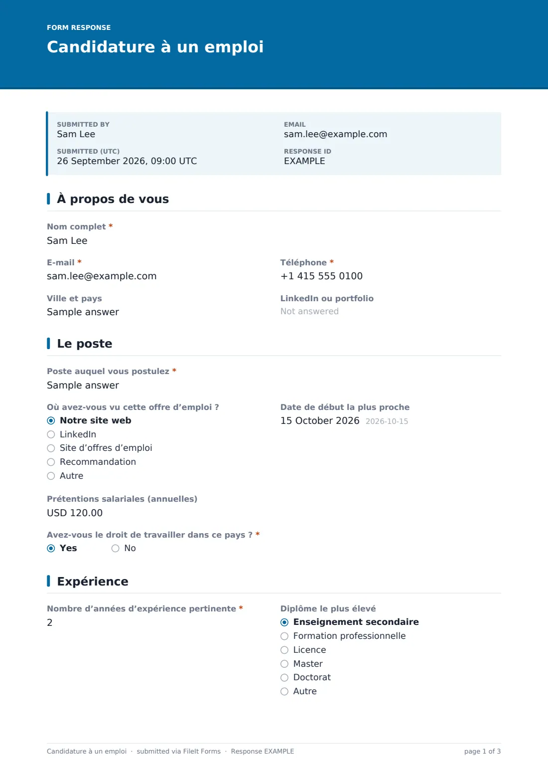 Candidature à un emploi — exemple de réponse au format PDF, page 1 sur 3