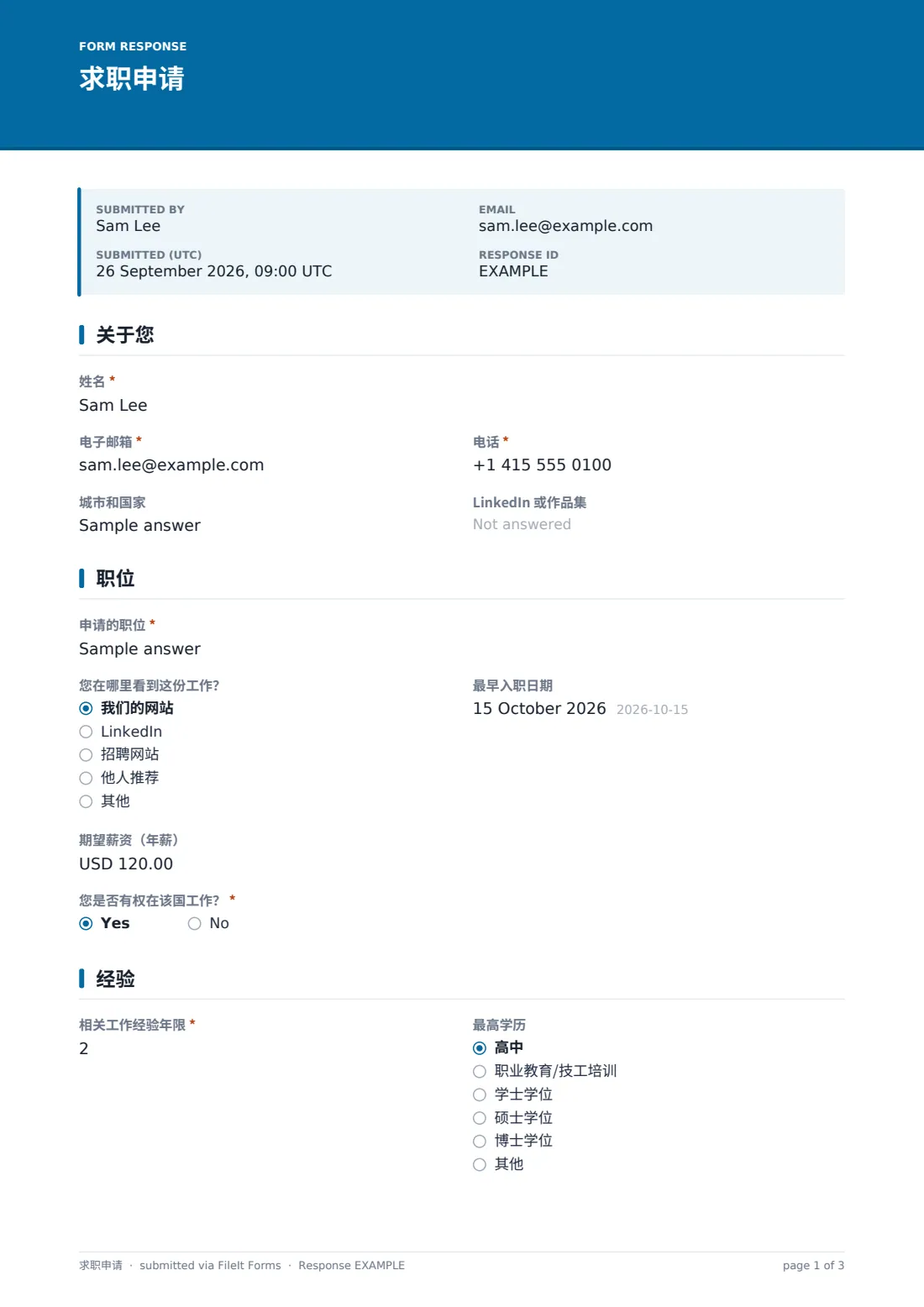 求职申请 — 示例回复 PDF，第 1 页，共 3 页