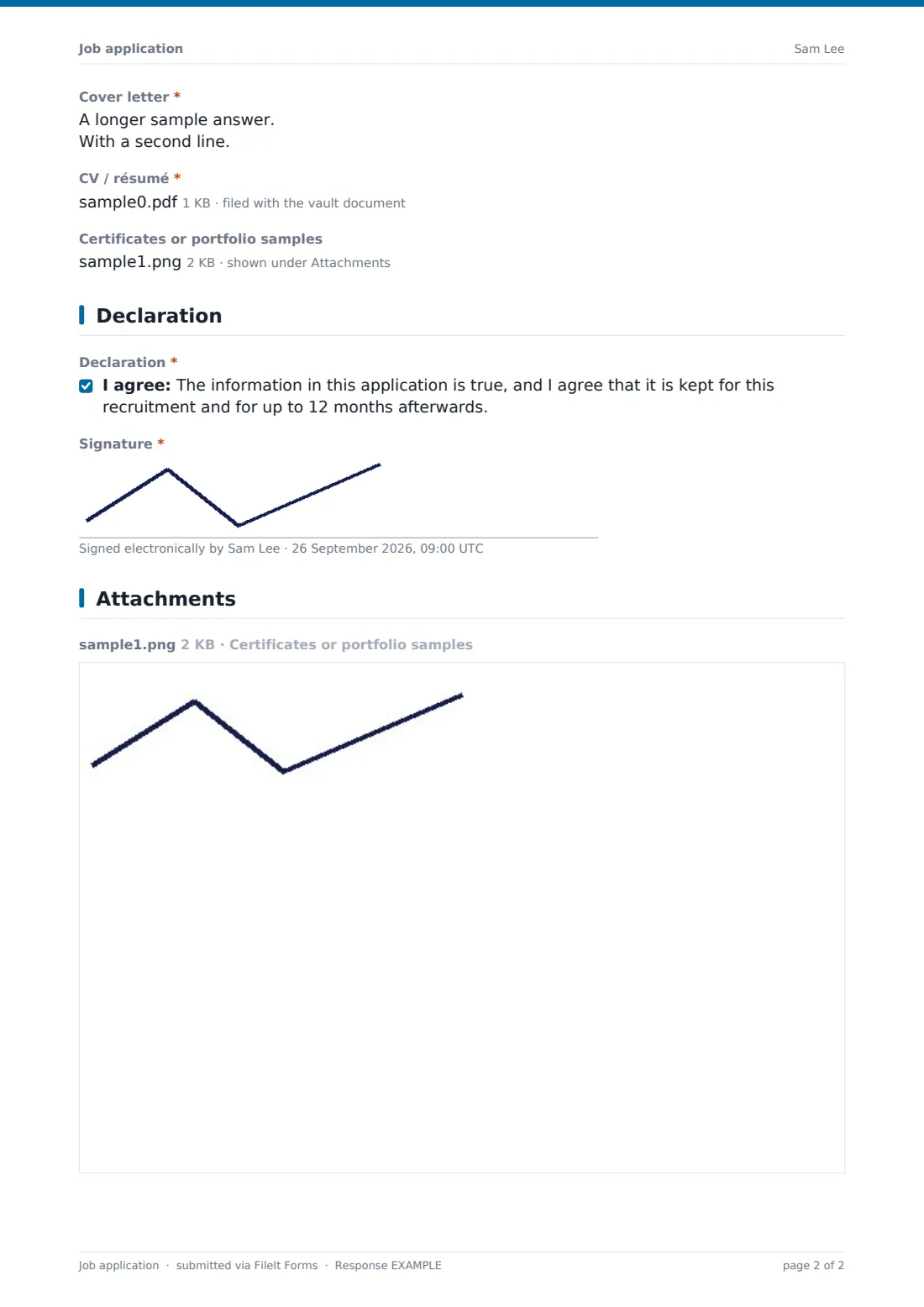Job application — example response PDF, page 2 of 2