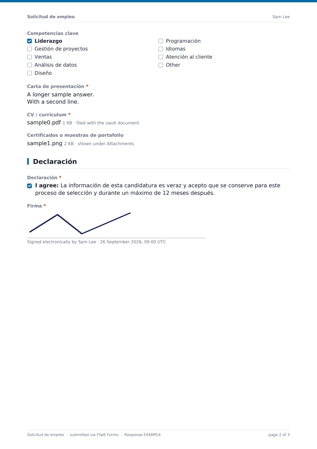 Solicitud de empleo — PDF de respuesta de ejemplo, página 2 de 3