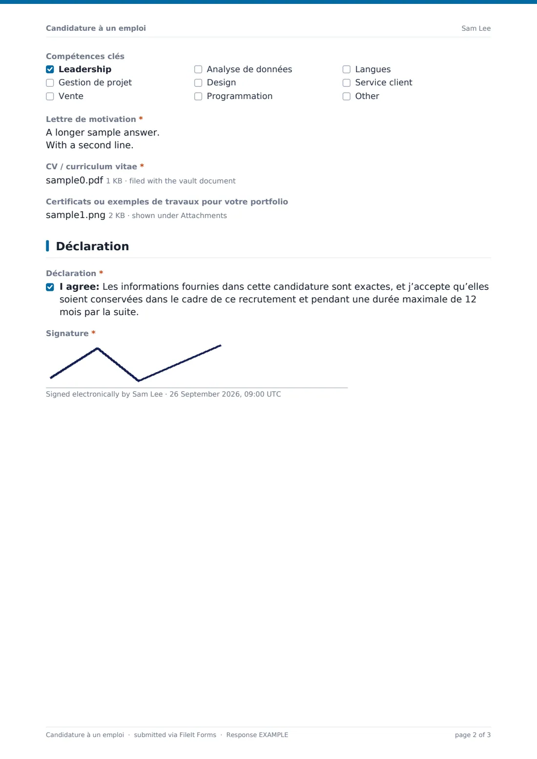 Candidature à un emploi — exemple de réponse au format PDF, page 2 sur 3