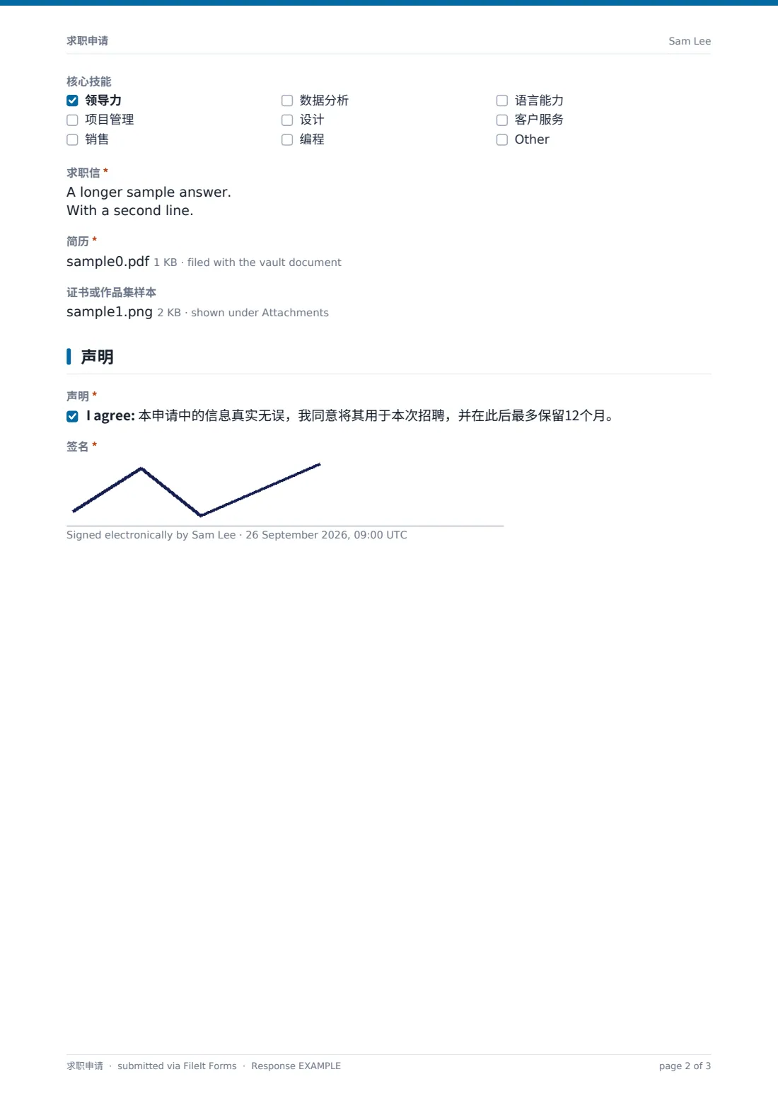 求职申请 — 示例回复 PDF，第 2 页，共 3 页