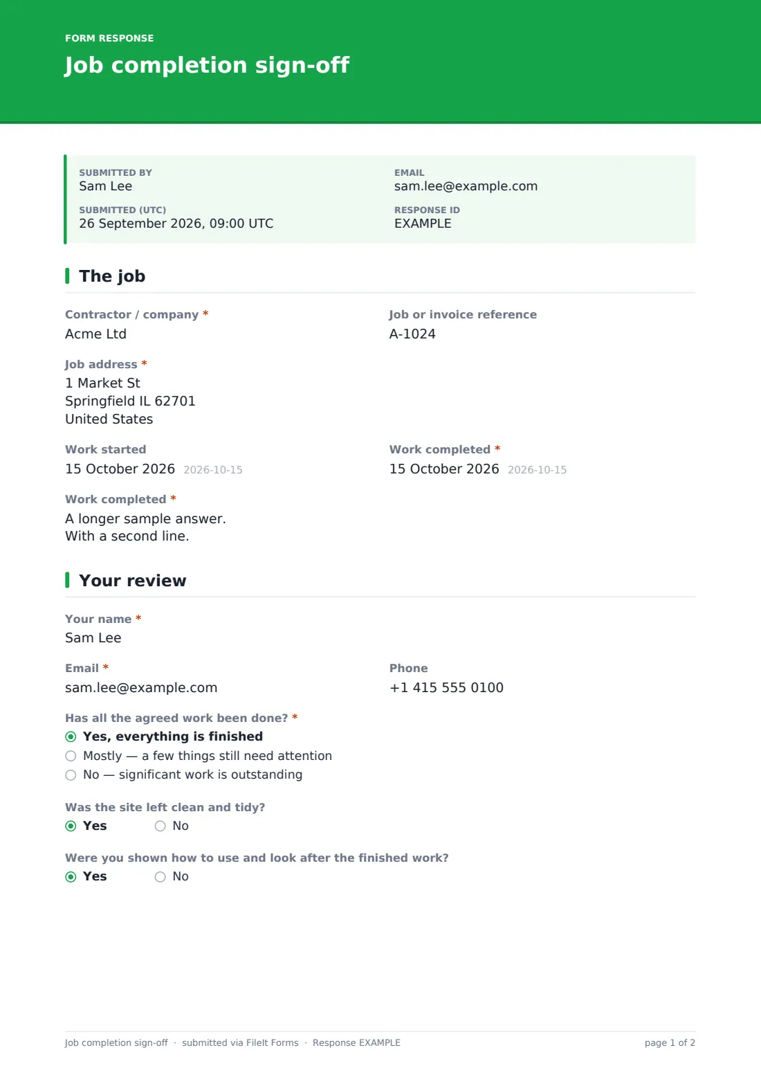Job completion sign-off — example response PDF, page 1 of 2