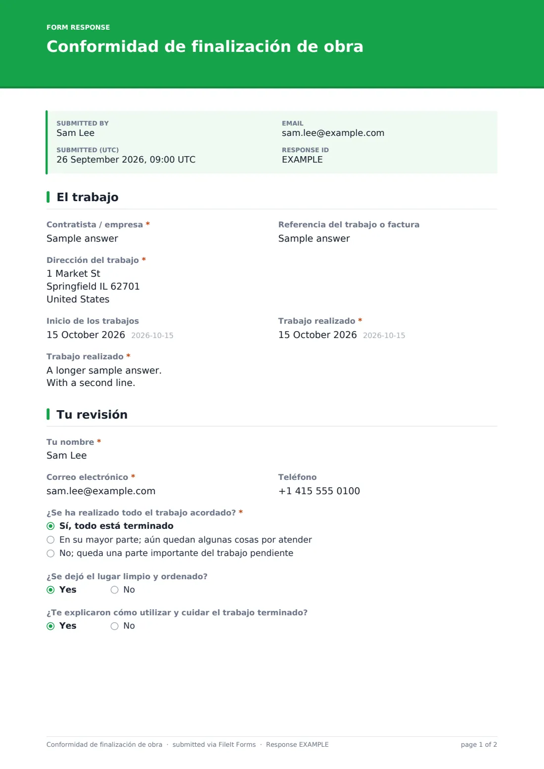 Conformidad de finalización de obra — PDF de respuesta de ejemplo, página 1 de 2