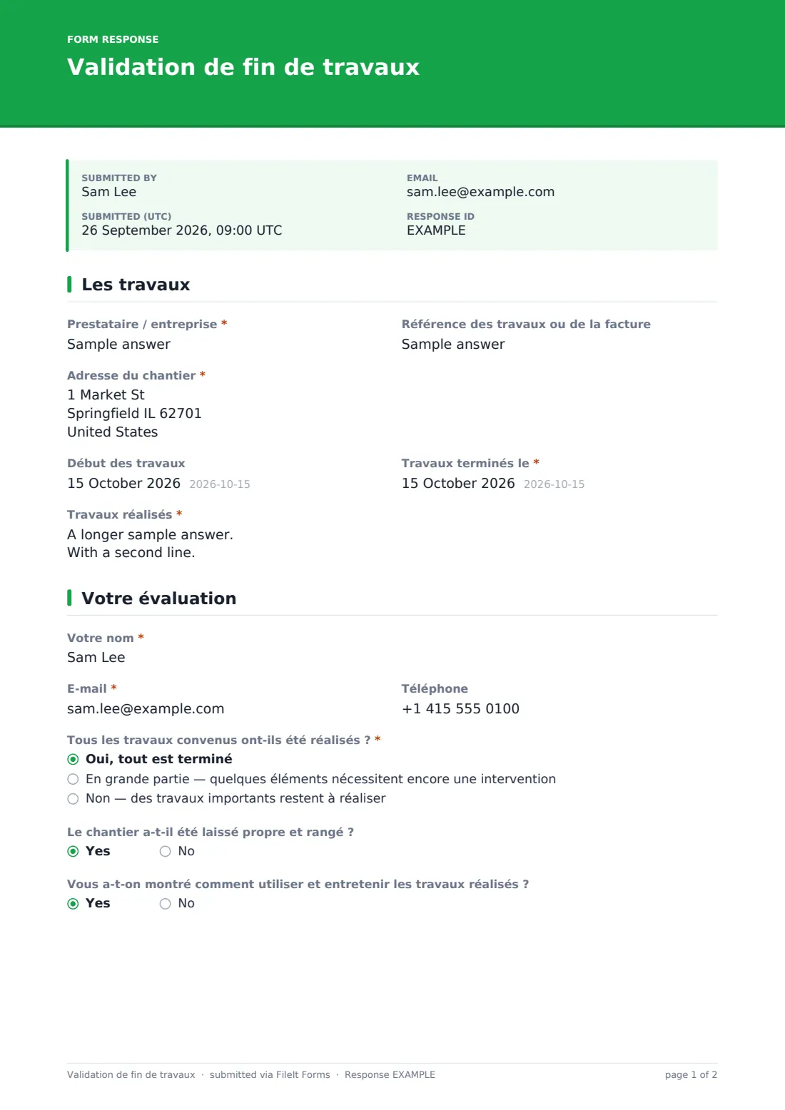 Validation de fin de travaux — exemple de réponse au format PDF, page 1 sur 2