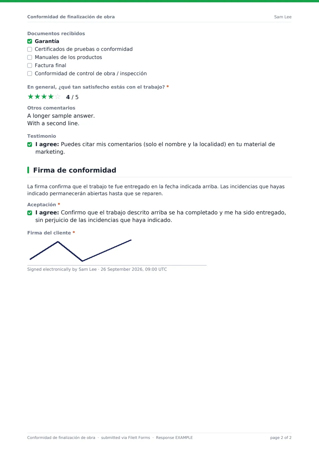 Conformidad de finalización de obra — PDF de respuesta de ejemplo, página 2 de 2