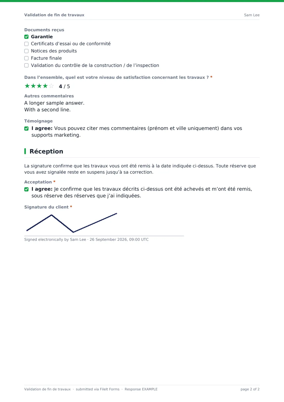 Validation de fin de travaux — exemple de réponse au format PDF, page 2 sur 2