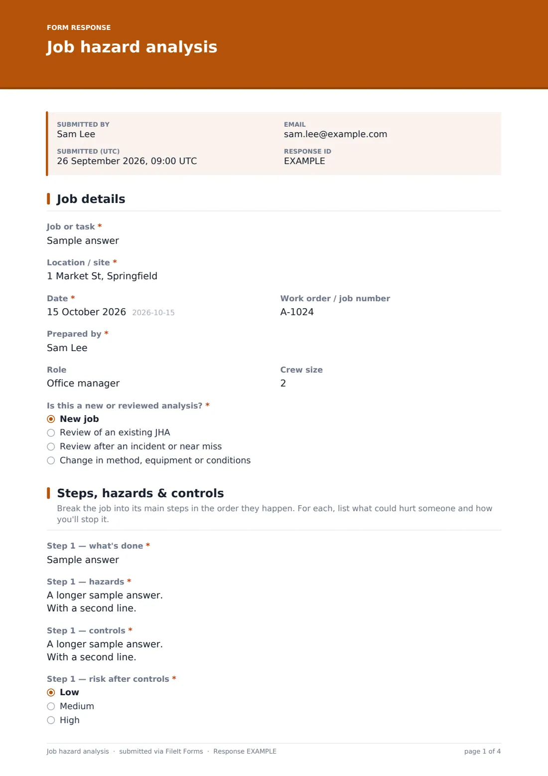 Job hazard analysis — example response PDF, page 1 of 4