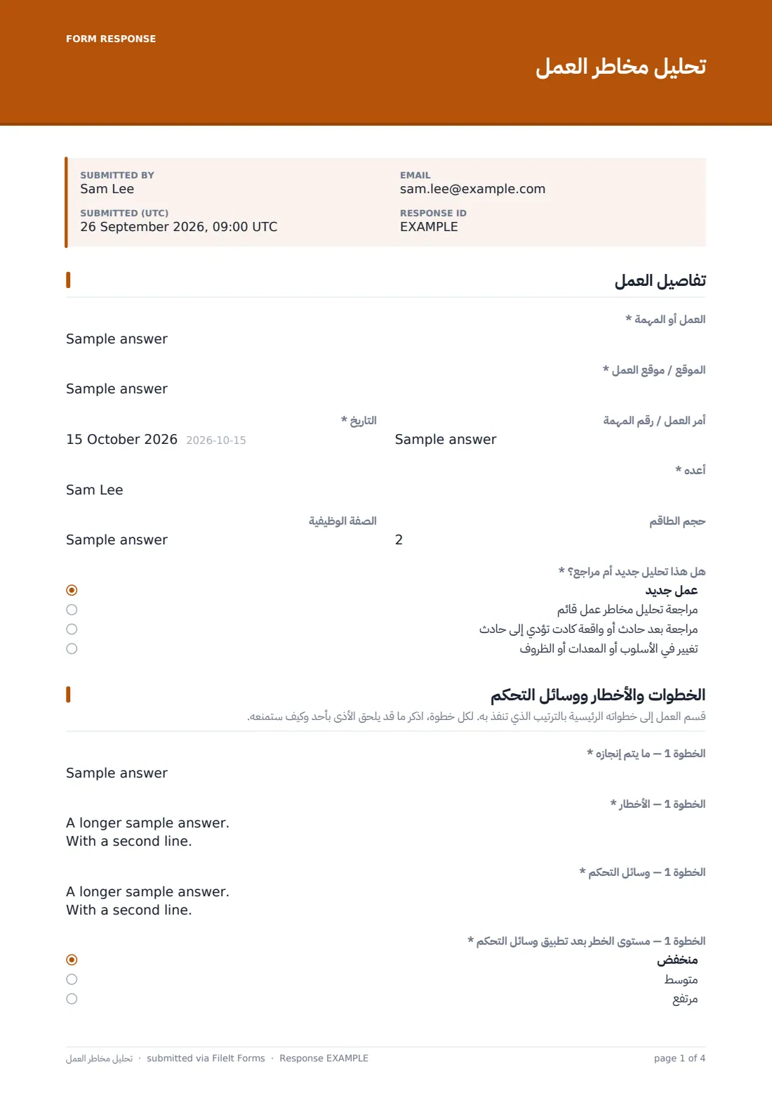 تحليل مخاطر العمل — ملف PDF لرد نموذجي، الصفحة 1 من 4