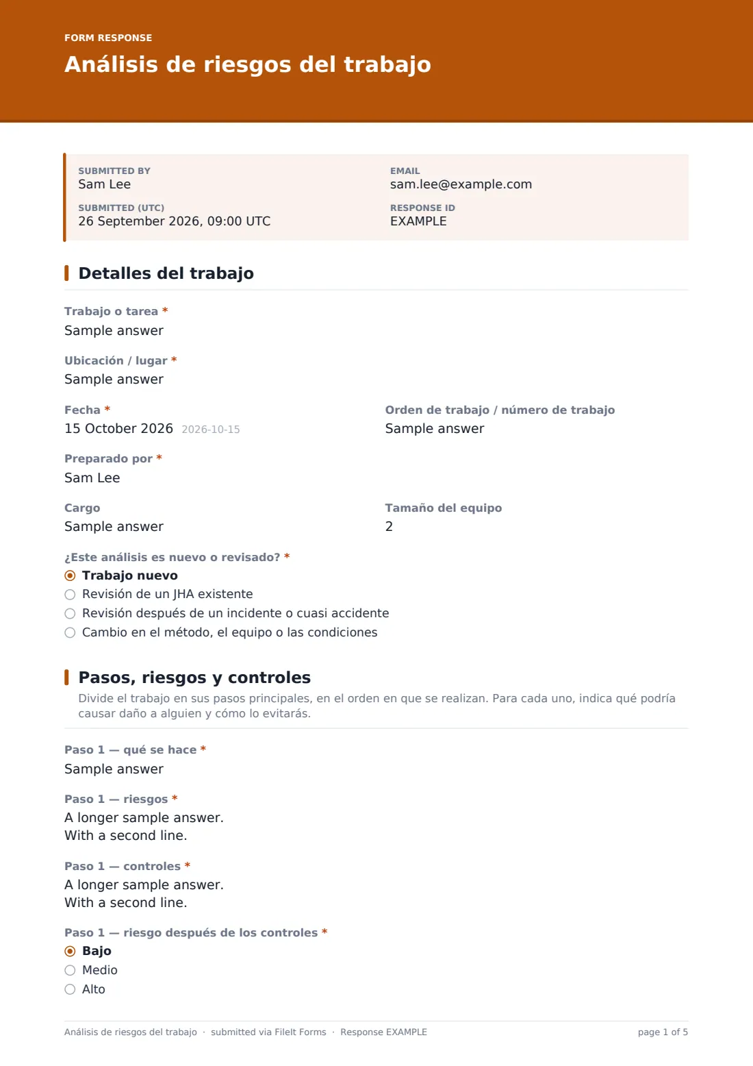 Análisis de riesgos del trabajo — PDF de respuesta de ejemplo, página 1 de 5